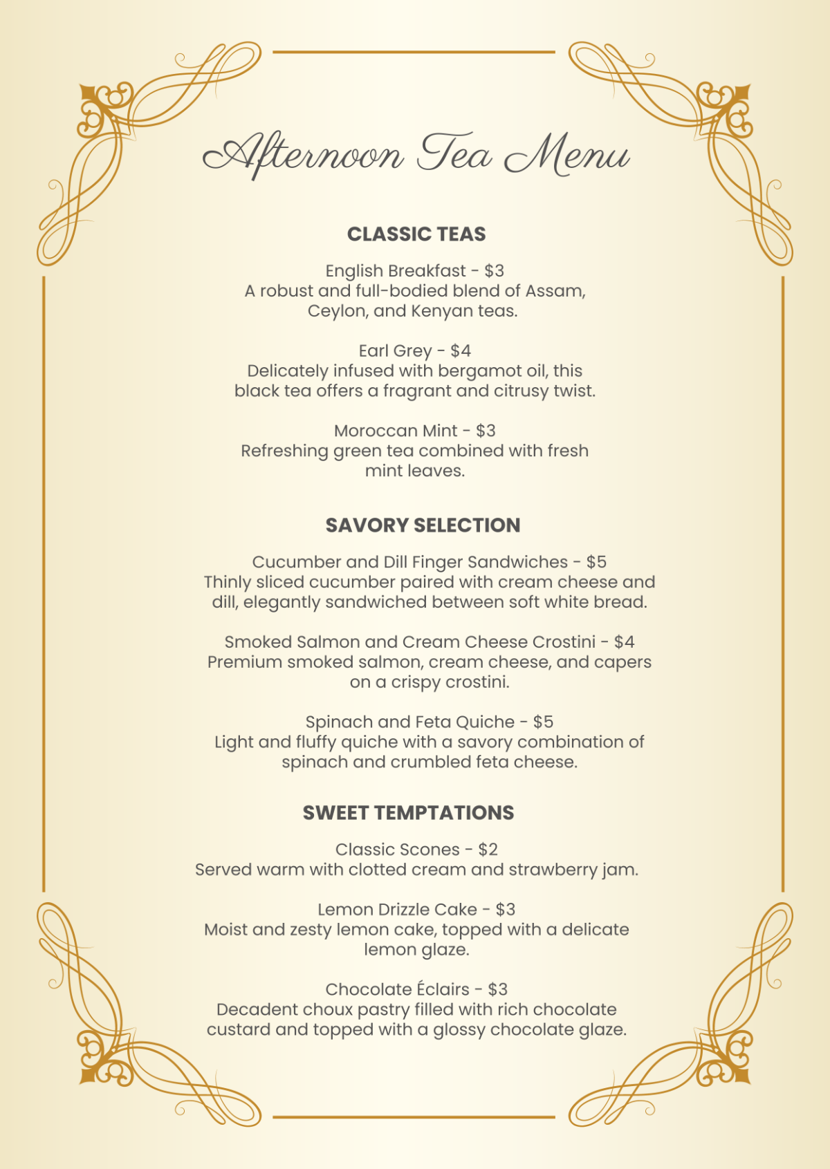 Afternoon Tea Menu Template Free