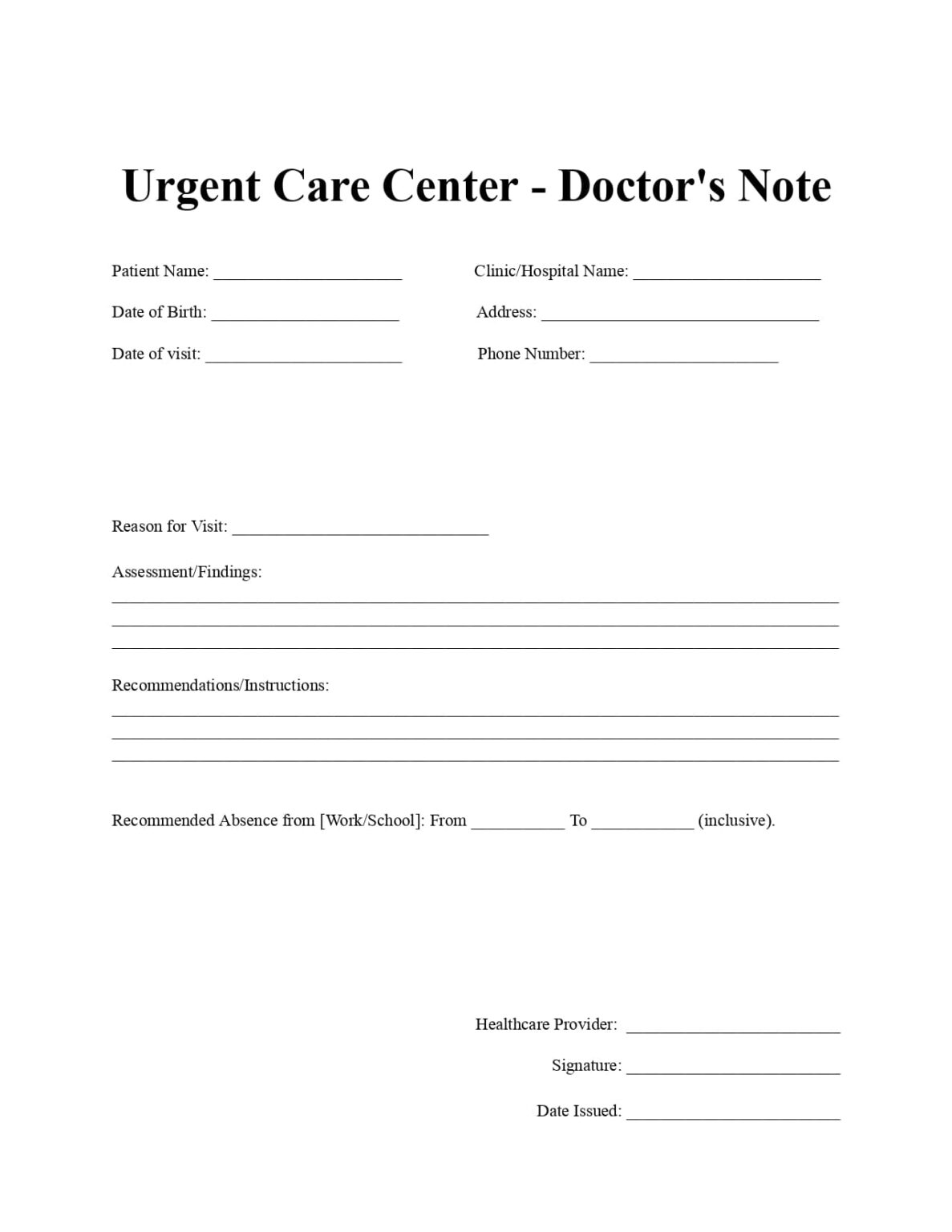Urgent Care Doctors Note Template