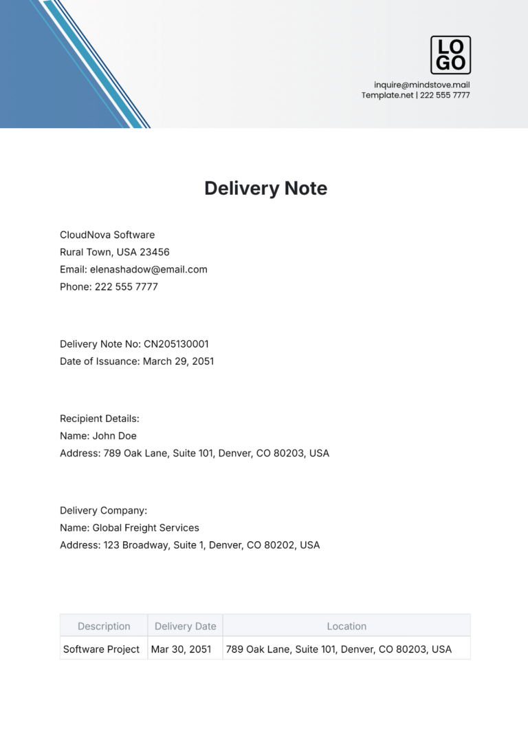 Software Project Delivery Note Template