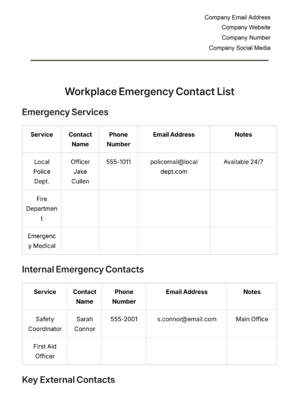 Workplace Emergency Contact List Template