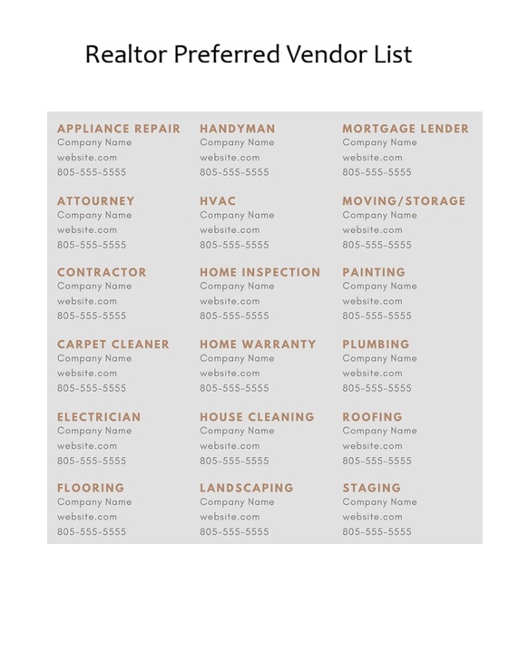 Realtor Preferred Vendor List Template