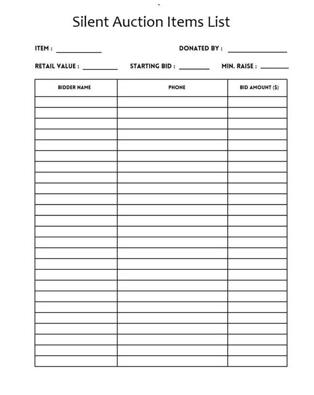 Silent Auction Items List Template