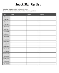 Snack Sign Up List Template Snack Sign Up List template