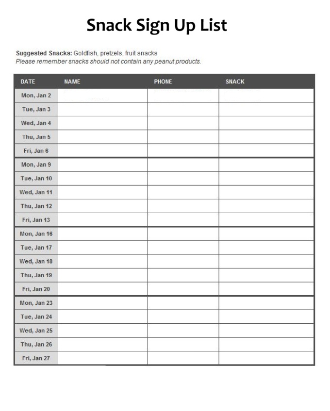 Snack Sign Up List template